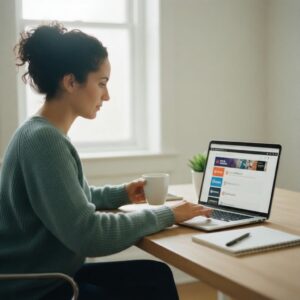 A person (diverse) sitting casually, but professionally, looking at multiple open browser tabs or a collage of different remote job board logos on a screen, perhaps with a coffee or tea. This conveys the active search and the variety of platforms.