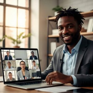 A realistic shot of a person (diverse) confidently participating in a video call on their laptop. The background is a clean home office, and their expression is engaged and professional. This directly illustrates the interview stage.